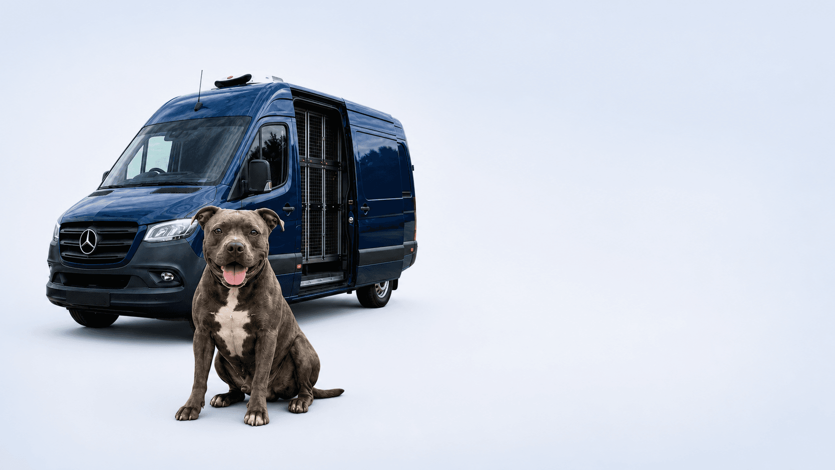 Staffordshire Bull Terrier beside an FM Transport dog transport van